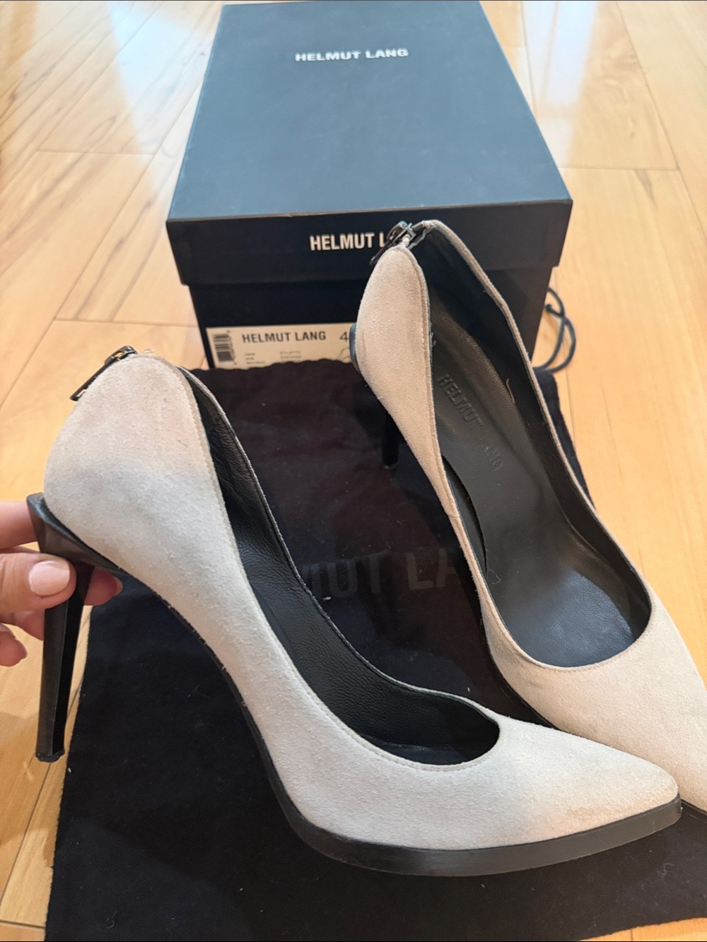 Helmut Lang Women's Beige Suede Pointed-Toe Pumps with zipper accent